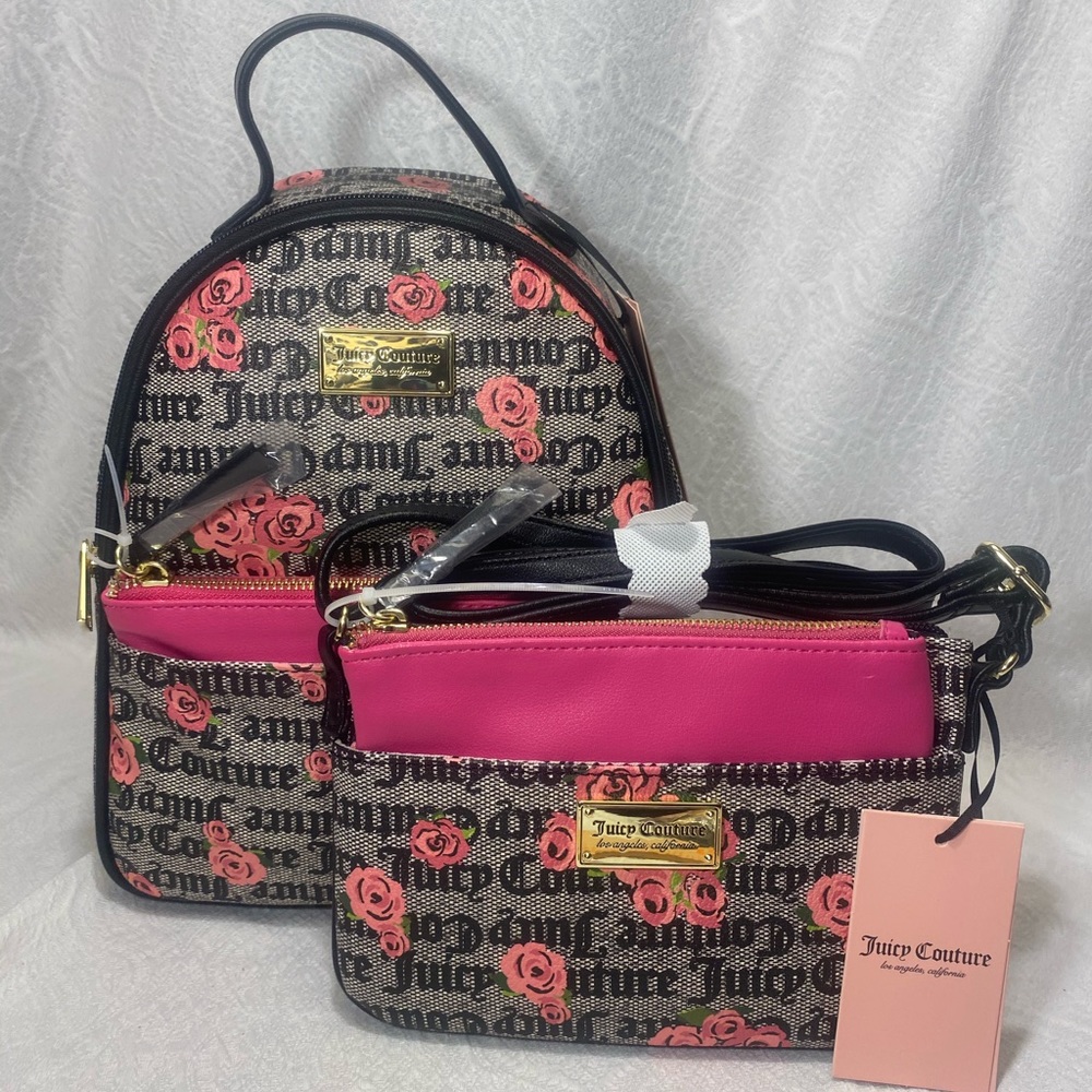 Juicy couture 4pcBNWT BACKPACK CROSSBODY PURSE POUCH logo floral roses pink